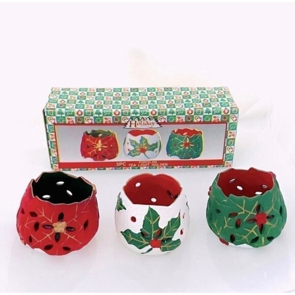 Holiday Collection Bright & Joyful 3-Pc Tea Light Holder Set Porcelain Xmas NIB
